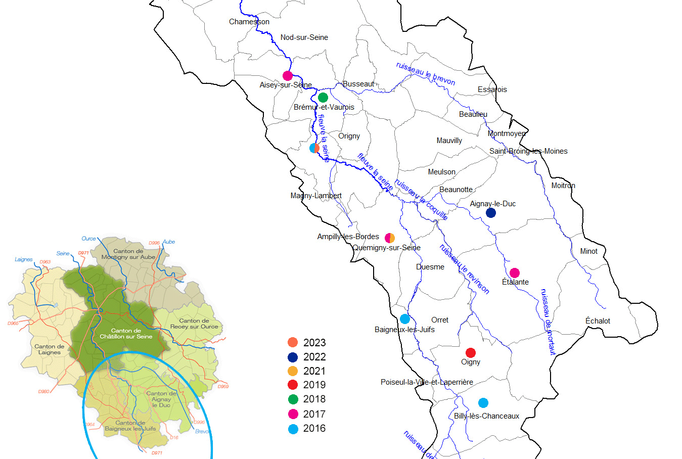 Editions du Festi'Val de Seine sur la carte  du Châtillonnais